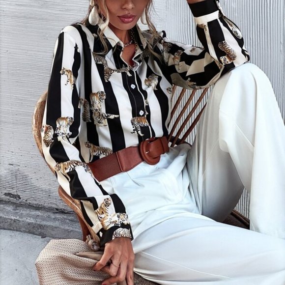 Tops - boho striped tiger boyfriend button up top